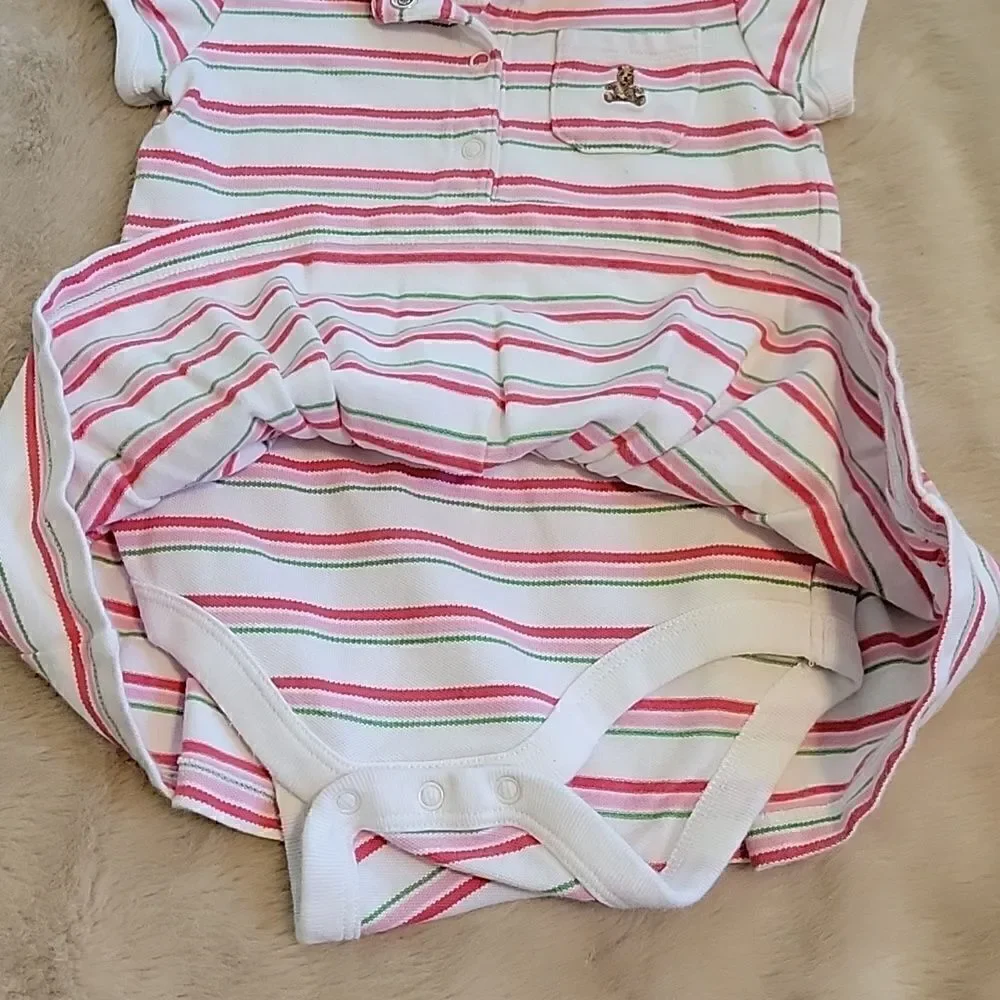 GAP WHITE STRIPED POLO DRESS WITH ATTACHED ONESIE, SIZE 3-6 MONTHS